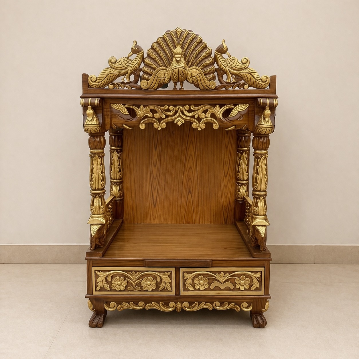 Elegant Peacock Design Mandir in Teak Wood