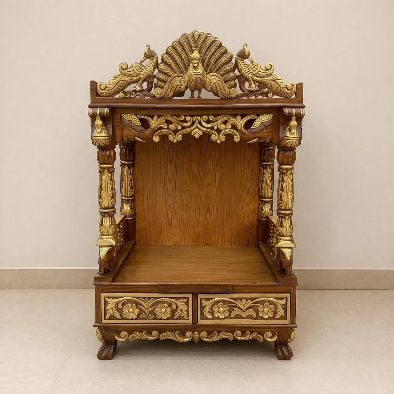 Elegant Peacock Design Mandir in Teak Wood