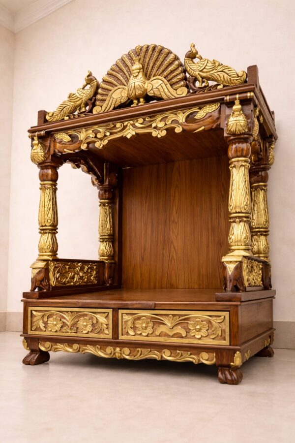 Elegant Peacock Design Mandir in Teak Wood