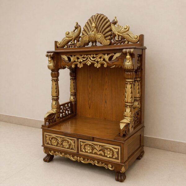Elegant Peacock Design Mandir in Teak Wood