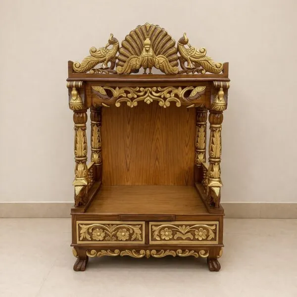 Elegant Peacock Design Mandir in Teak Wood