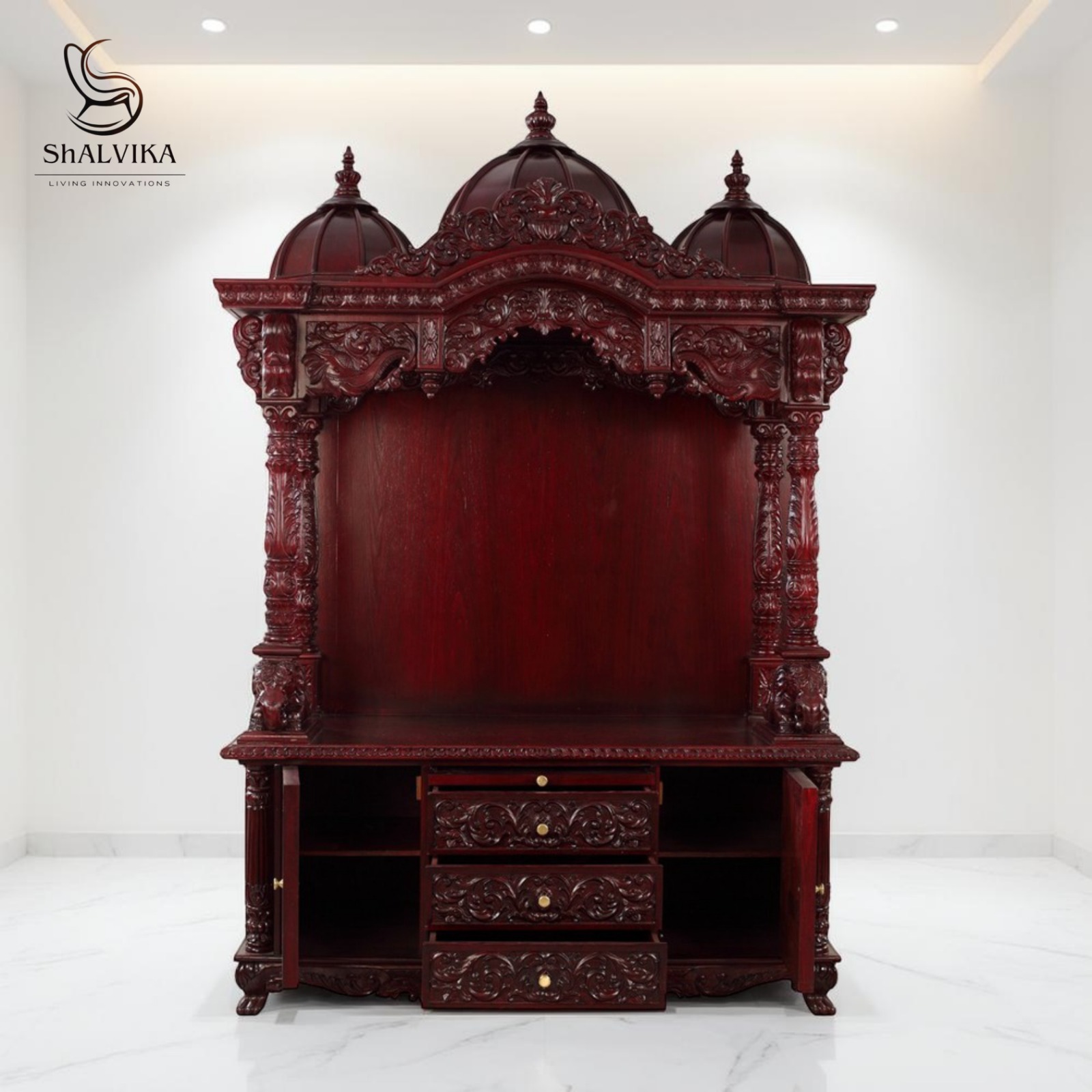 Home Wooden Mandir with Domes Handcrafted Teak Wood Pooja Mandir