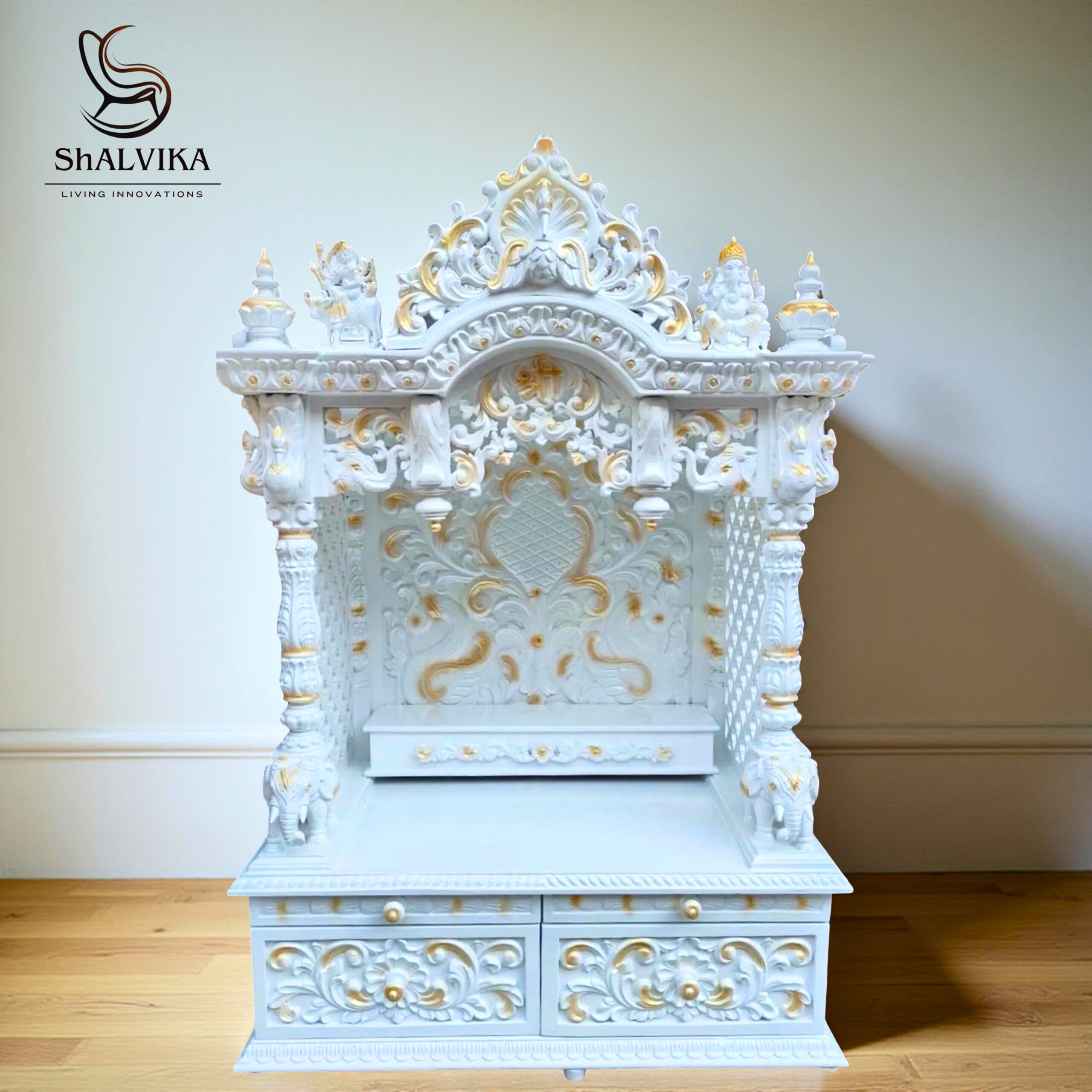 Luxurious White Temple in Teak Wood – Handcrafted by Shalvika Living