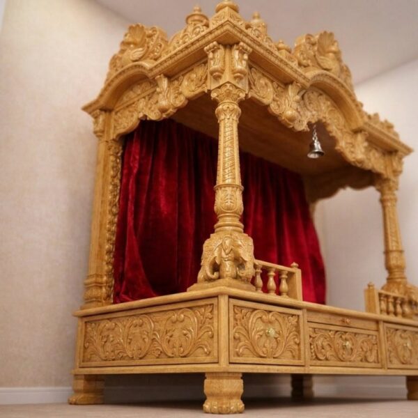Mandir for Home Design in Teak Wood with Peacock Carving