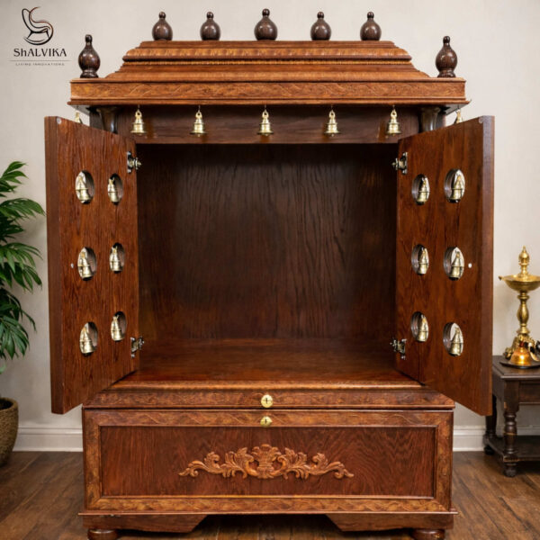Puja Mandir for Home – Handcrafted Teak Wood Temple with Brass Bells Door