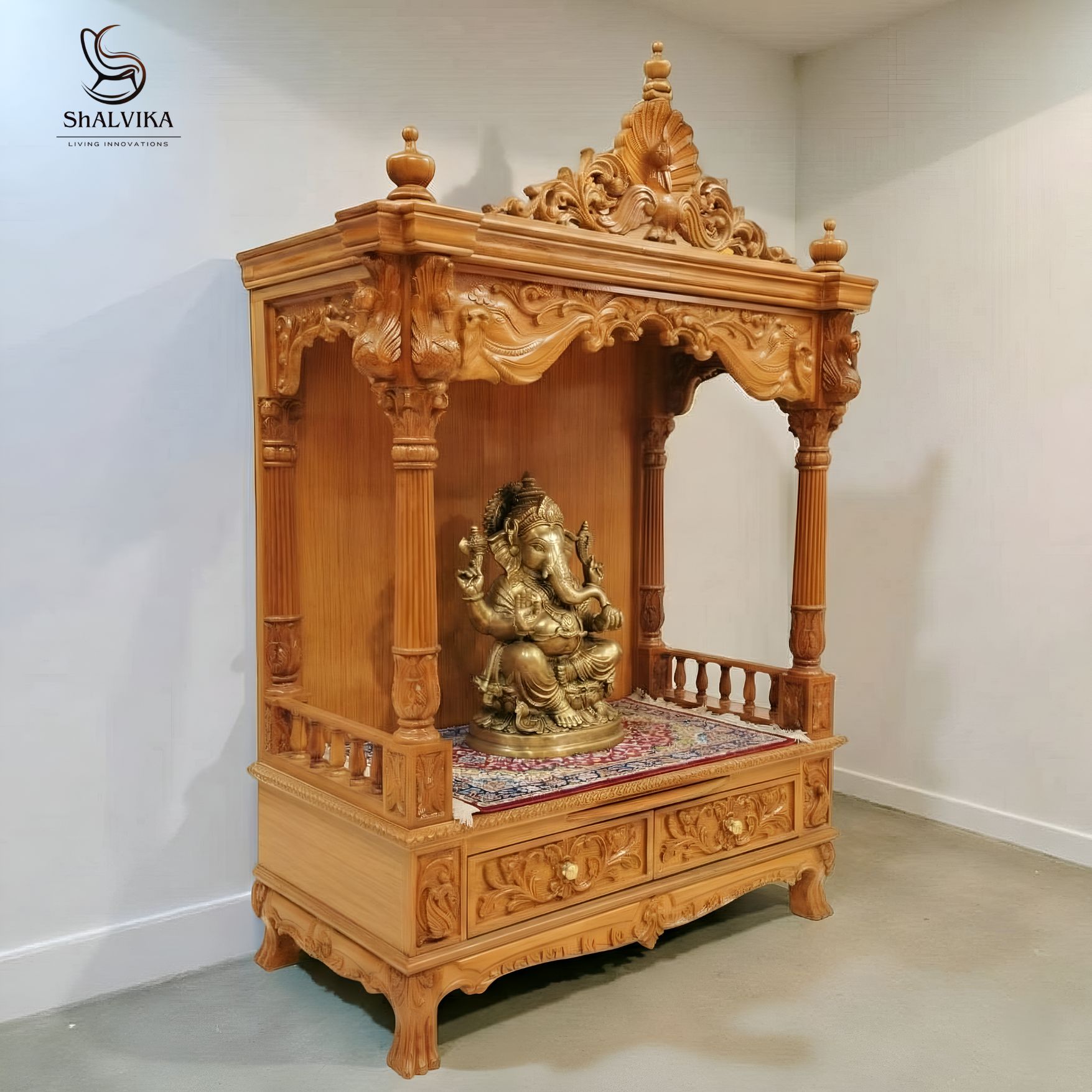 Sagwan Mandir Design with Peacock Crown