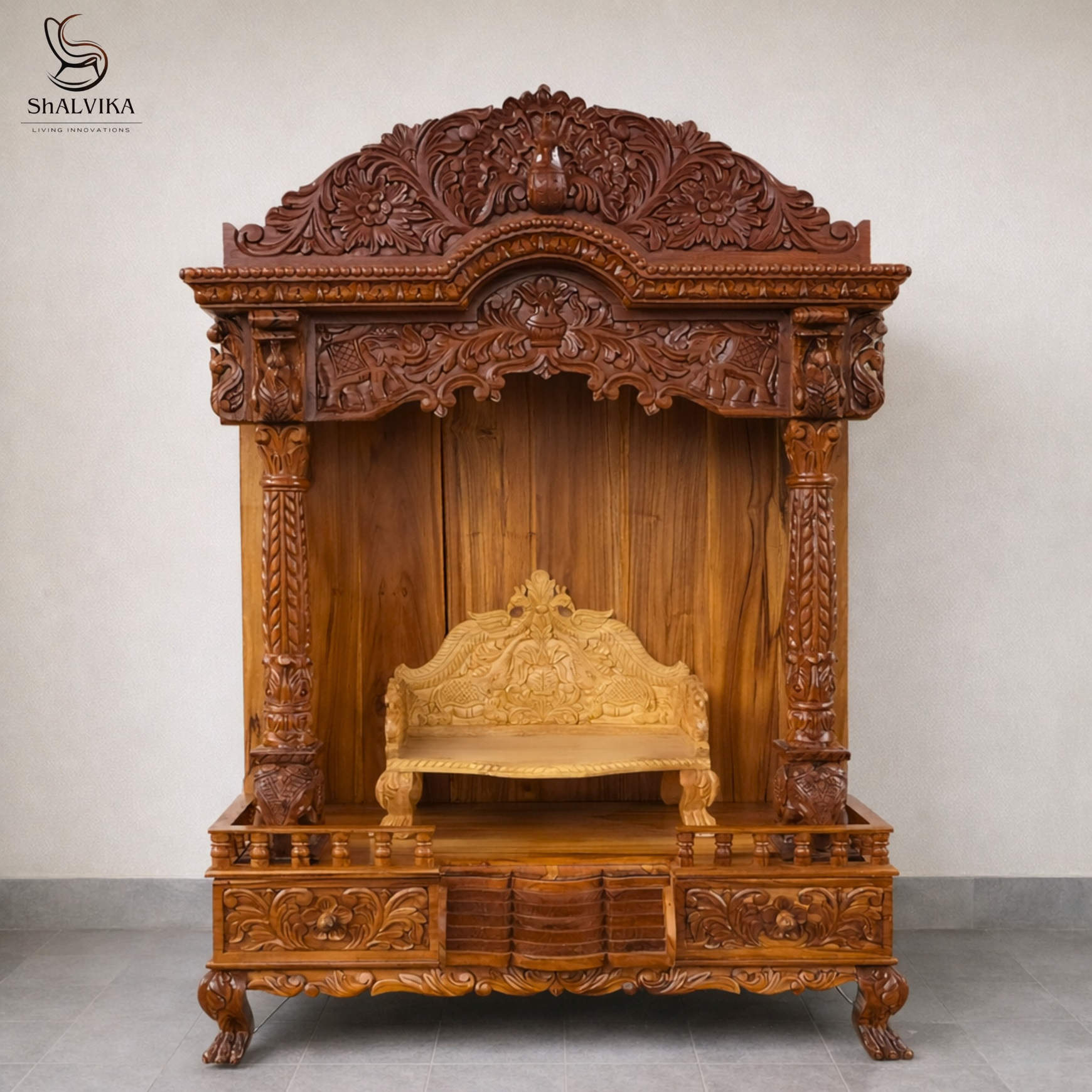 Teak Wood Pooja Mandir in Peacock Design – by Shalvika Living