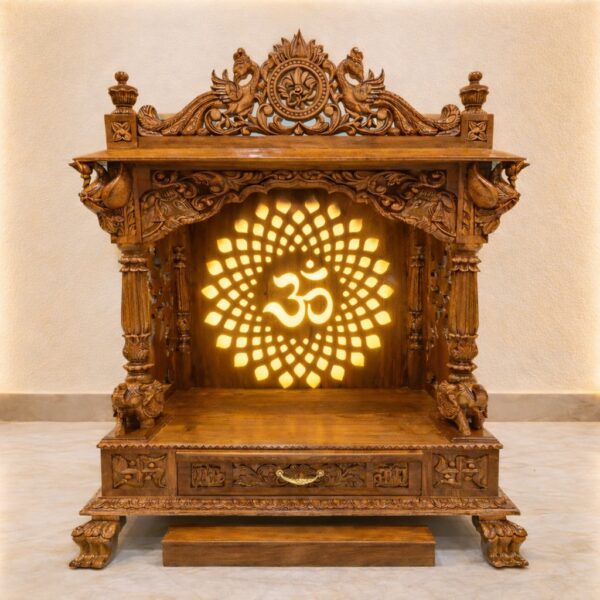 Wooden Handcrafted Temple with LED Om Light By Shalvika Living