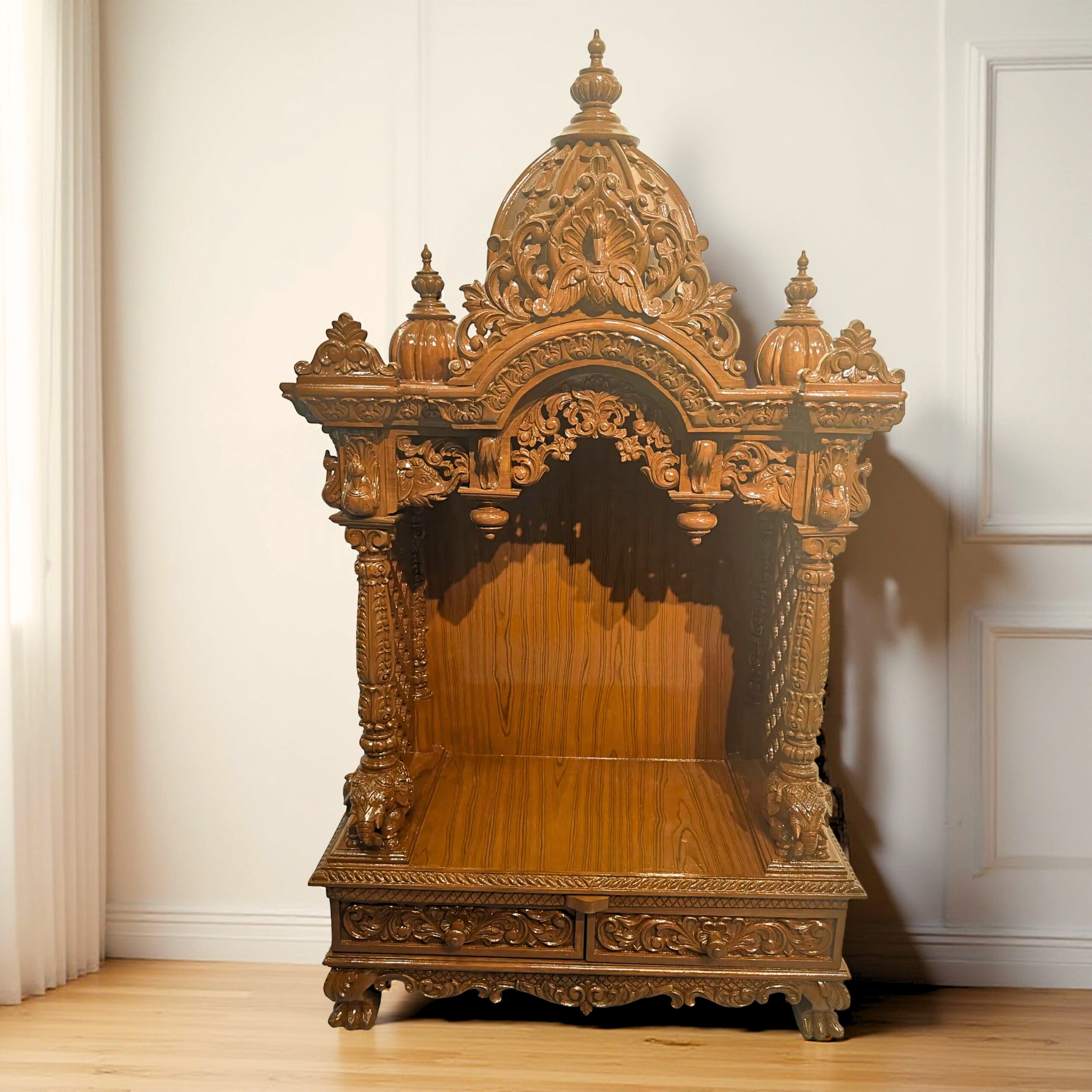 Wooden Home Puja Mandir Design in Teak Wood