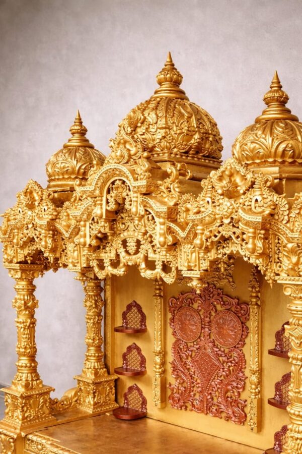 Wooden Mandir Design in Antique Gold