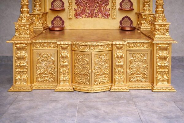 Wooden Mandir Design in Antique Gold